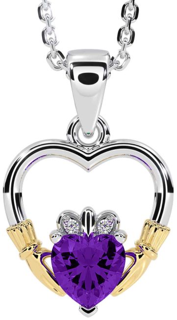 Diamond Amethyst Gold Silver Claddagh Heart Necklace