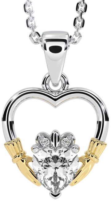 Diamond Gold Silver Claddagh Heart Necklace