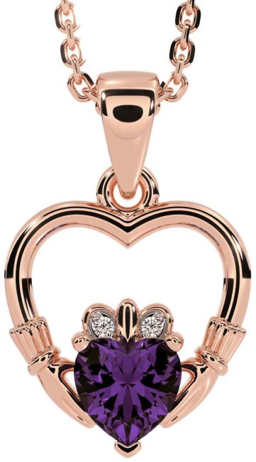 Diamond Alexandrite Rose Gold Silver Claddagh Heart Necklace