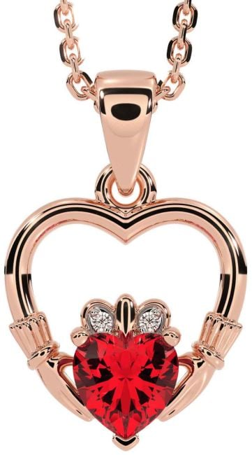 Diamond Ruby Rose Gold Silver Claddagh Heart Necklace