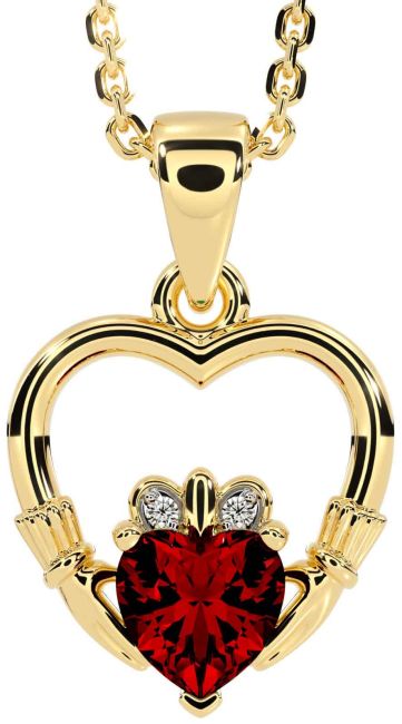 Diamond Garnet Gold Silver Claddagh Heart Necklace