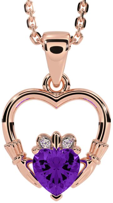 Diamond Amethyst Rose Gold Claddagh Heart Necklace