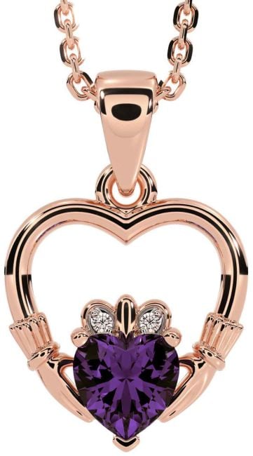 Diamond Alexandrite Rose Gold Claddagh Heart Necklace