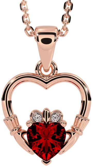 Diamond Garnet Rose Gold Claddagh Heart Necklace