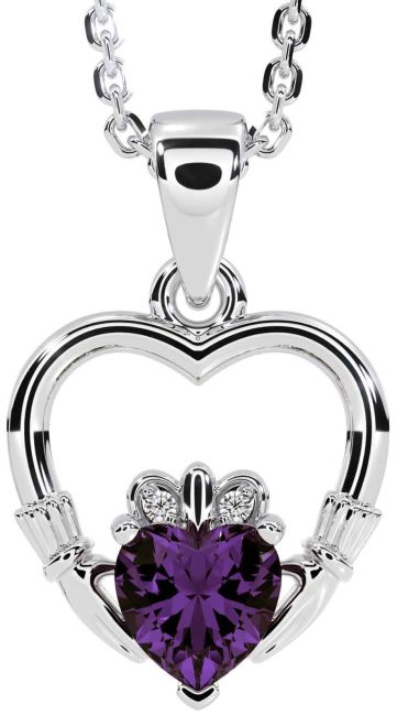 Diamond Alexandrite Silver Claddagh Heart Necklace
