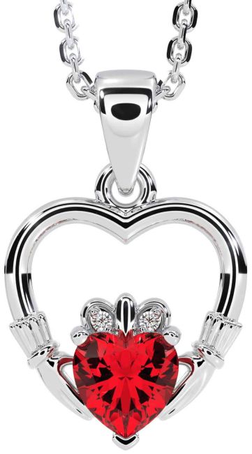 Diamond Ruby Silver Claddagh Heart Necklace