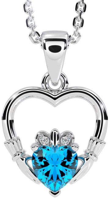 Diamond Topaz Silver Claddagh Heart Necklace