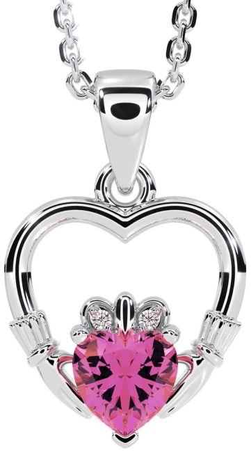Diamond Pink Tourmaline White Gold Claddagh Heart Necklace