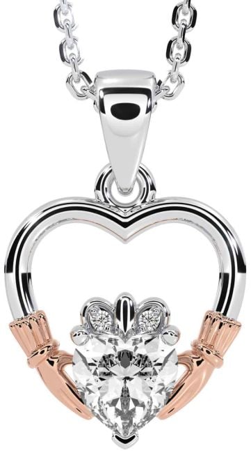 Diamond White Rose Gold Claddagh Heart Necklace