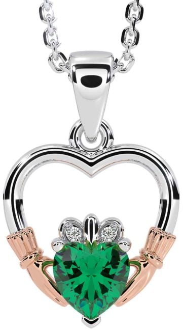 Diamond Emerald White Rose Gold Claddagh Heart Necklace