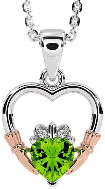 Diamond Peridot White Rose Gold Claddagh Heart Necklace