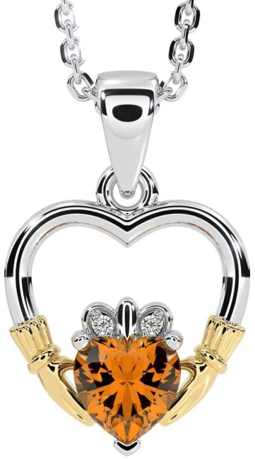 Diamond Citrine White Yellow Gold Claddagh Heart Necklace