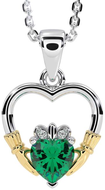 Diamond Emerald White Yellow Gold Claddagh Heart Necklace