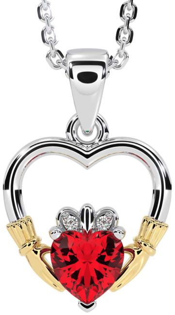 Diamant Rubin Hvit Gul Gull Claddagh Hjerte Halskjede