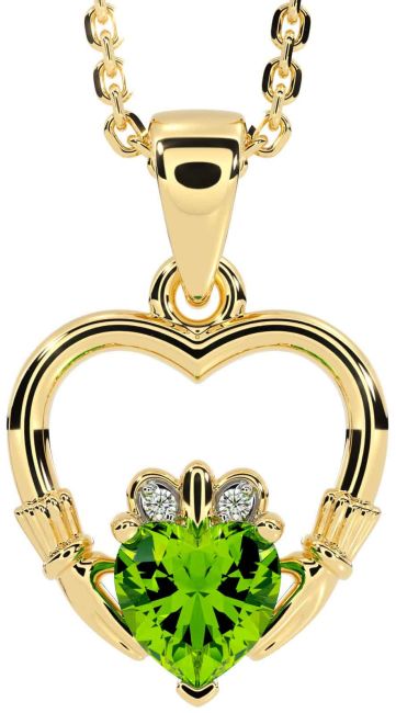 Diamond Peridot Gold Claddagh Heart Necklace