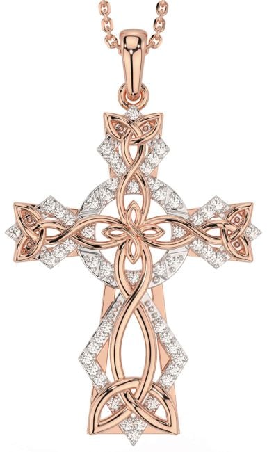 Large Diamond Rose Gold Silver Celtic Cross Necklace