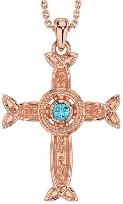 Aquamarine Rose Gold Silver Celtic Cross Necklace