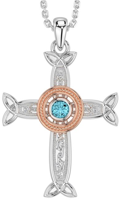 Aquamarine Rose Gold Silver Celtic Cross Necklace