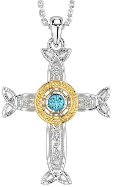 Aquamarine Gold Silver Celtic Cross Necklace