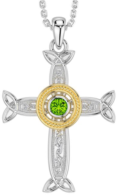 Peridot Gold Silver Celtic Cross Necklace
