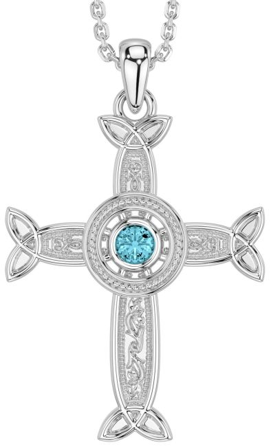 Aquamarine White Gold Celtic Cross Necklace