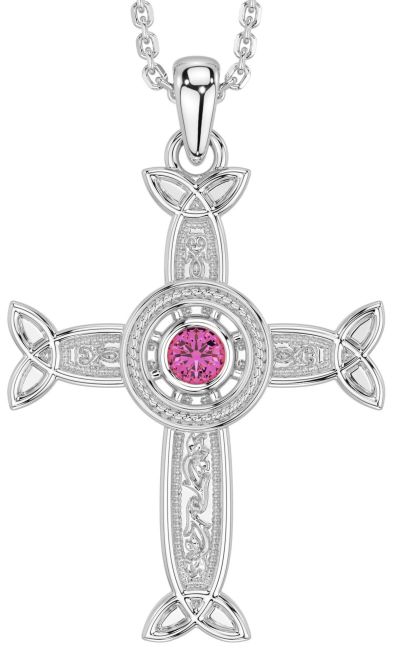 Pink Tourmaline White Gold Celtic Cross Necklace