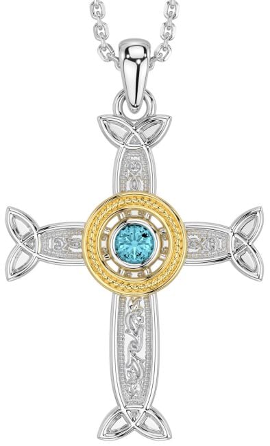 Aquamarine White Yellow Gold Celtic Cross Necklace