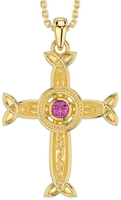 Pink Tourmaline Gold Celtic Cross Necklace