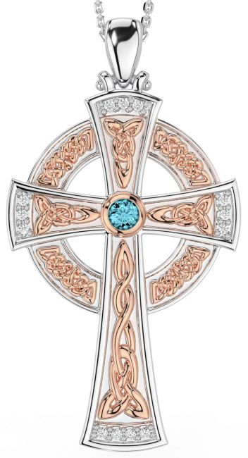 Large Diamond Aquamarine Rose Gold Silver Celtic Cross Necklace