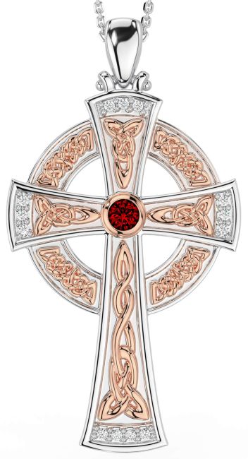 Large Diamond Garnet Rose Gold Silver Celtic Cross Necklace