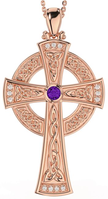 Large Diamond Amethyst Rose Gold Silver Celtic Cross Necklace