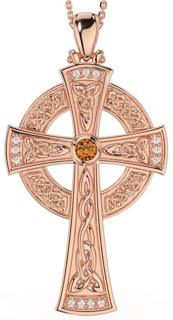Large Diamond Citrine Rose Gold Silver Celtic Cross Necklace