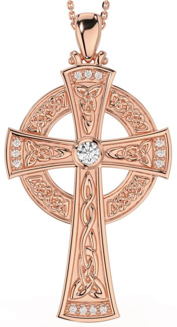 Large Diamond Rose Gold Silver Celtic Cross Necklace
