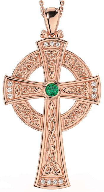 Large Diamond Emerald Rose Gold Silver Celtic Cross Necklace
