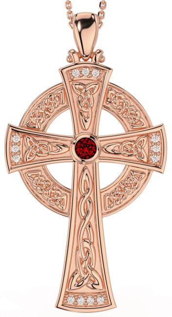 Large Diamond Garnet Rose Gold Silver Celtic Cross Necklace