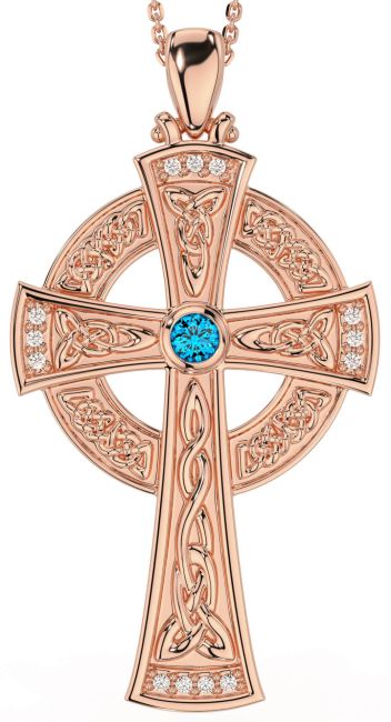 Large Diamond Topaz Rose Gold Silver Celtic Cross Necklace