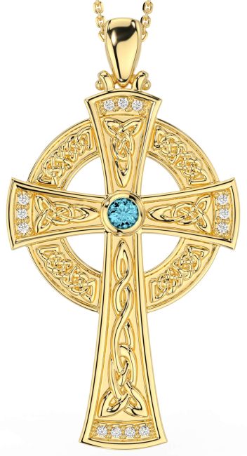 Large Diamond Aquamarine Gold Silver Celtic Cross Necklace