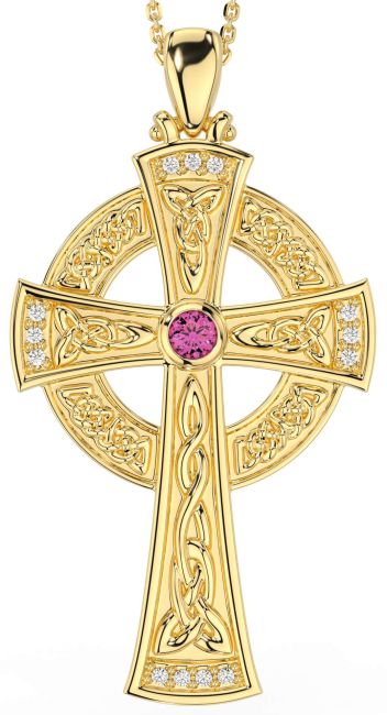 Large Diamond Pink Tourmaline Gold Silver Celtic Cross Necklace