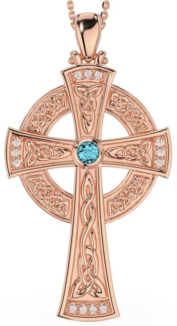 Large Diamond Aquamarine Rose Gold Celtic Cross Necklace