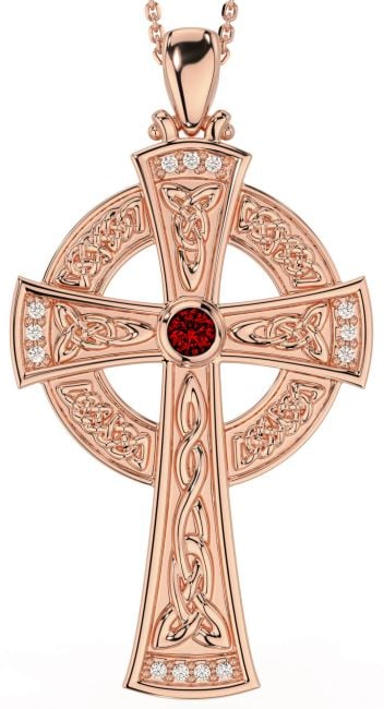 Large Diamond Garnet Rose Gold Celtic Cross Necklace