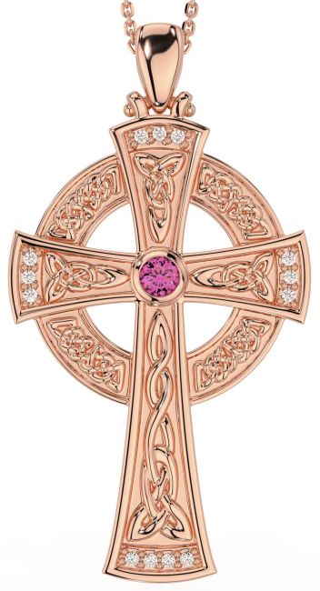 Large Diamond Pink Tourmaline Rose Gold Celtic Cross Necklace