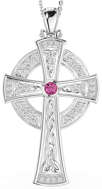 Large Diamond Pink Tourmaline Silver Celtic Cross Necklace