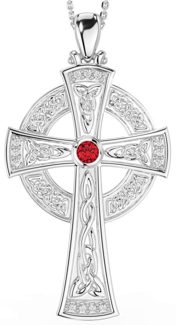 Large Diamond Ruby Silver Celtic Cross Necklace