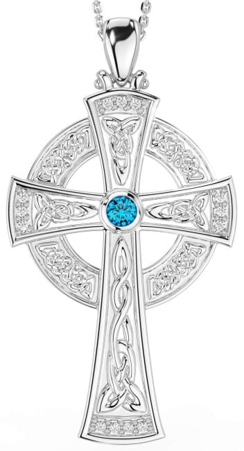 Large Diamond Topaz Silver Celtic Cross Necklace