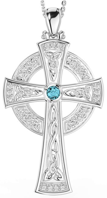 Large Diamond Aquamarine White Gold Celtic Cross Necklace