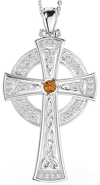 Large Diamond Citrine White Gold Celtic Cross Necklace