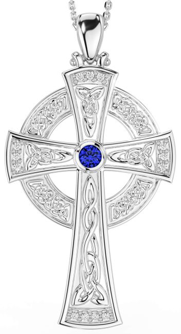 Large Diamond Sapphire White Gold Celtic Cross Necklace