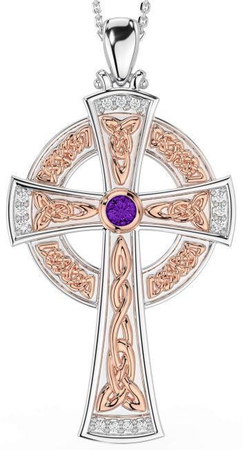 Large Diamond Amethyst White Rose Gold Celtic Cross Necklace