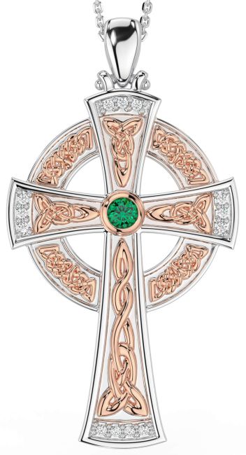 Large Diamond Emerald White Rose Gold Celtic Cross Necklace