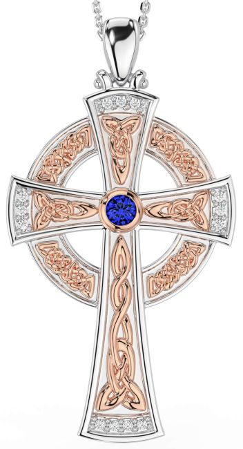 Large Diamond Sapphire White Rose Gold Celtic Cross Necklace